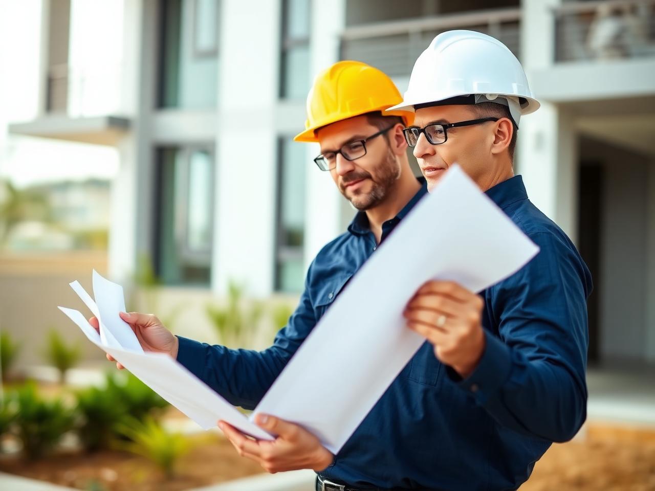 Engenheiros da BellaCor Construtora analisando projeto de obra em Hortolândia